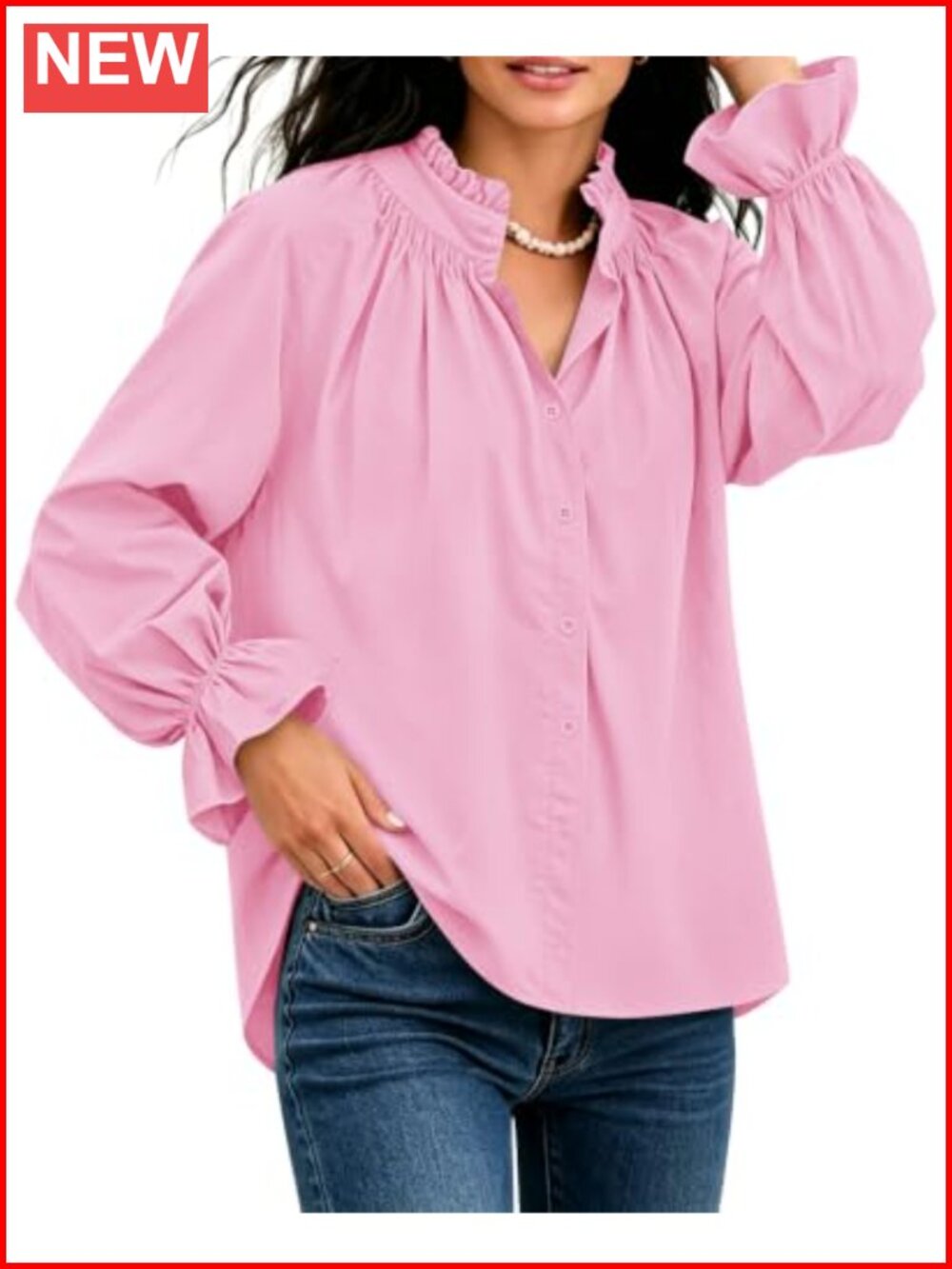 Womens Button Down Long Sleeve Blouse Stand Collar Ruffle Puff Sleeve Top